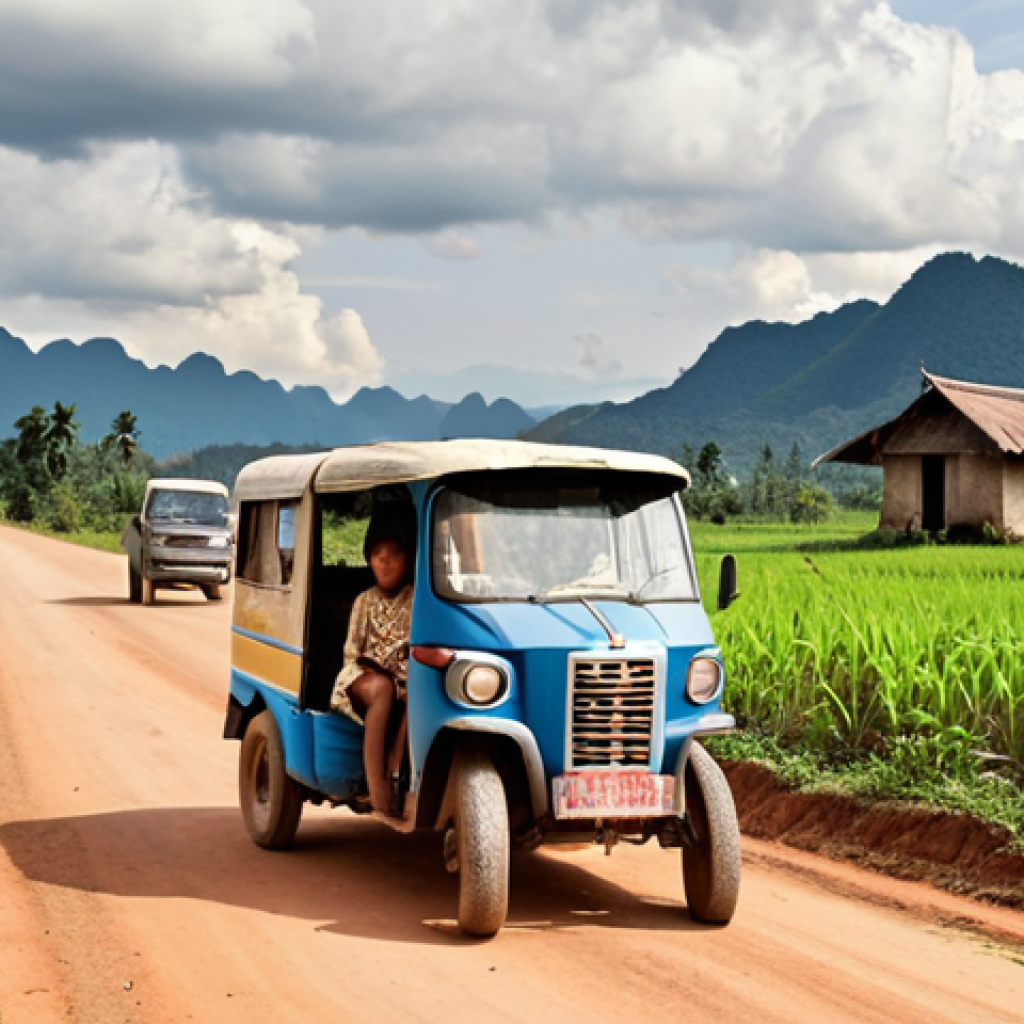 A dirt road in rural Laos, a broken-down tuk-tuk on the side, a Laotian family looking distressed, a distant village in the background, conveying the difficulty of accessing medical help in remote areas.