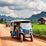 A dirt road in rural Laos, a broken-down tuk-tuk on the side, a Laotian family looking distressed, a distant village in the background, conveying the difficulty of accessing medical help in remote areas.