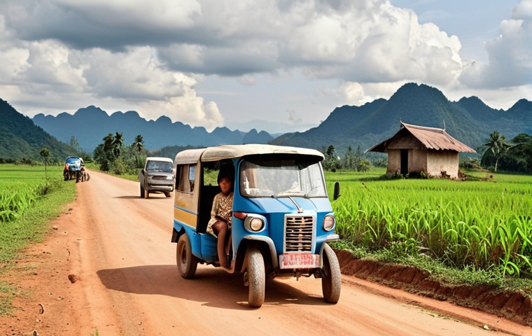 A dirt road in rural Laos, a broken-down tuk-tuk on the side, a Laotian family looking distressed, a distant village in the background, conveying the difficulty of accessing medical help in remote areas.