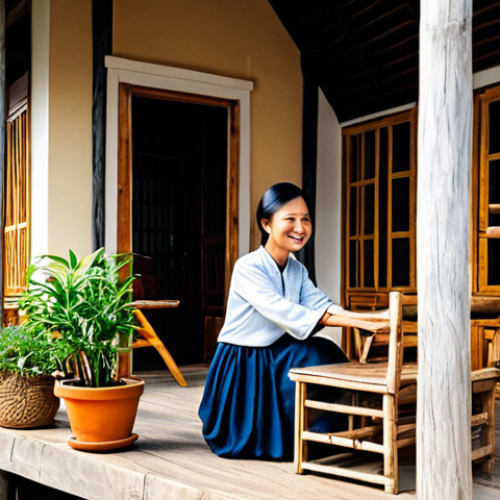 A friendly local Laotian woman, in modest, traditional attire, is sharing a peaceful moment with a female traveler, fully clothed in appropriate travel dress, on the wooden terrace of a charming guesthouse. Potted plants and sunlight filter through the eaves. The atmosphere is warm and welcoming. Perfect anatomy, correct proportions, well-formed hands, proper finger count, natural pose, professional photography, high quality, natural lighting, safe for work, appropriate content, fully clothed, modest, family-friendly.